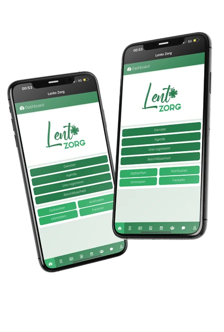 De Lento Zorg app uitgelicht als illustratie op twee mobiele telefoons.