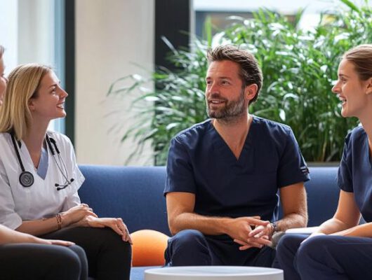 zzp'ers op een bank bij een zorginstelling. Bespreken het ideale zzp uurtarief