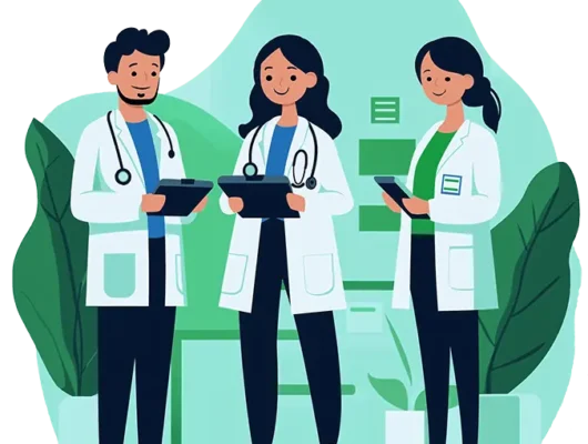 Illustratie van zorgprofessionals die met elkaar aan het communiceren zijn