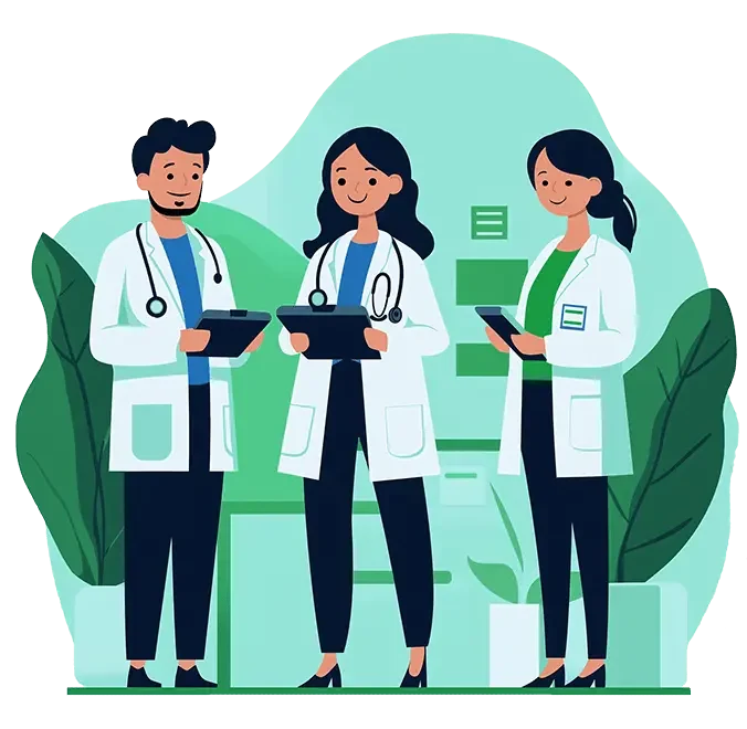 Illustratie van zorgprofessionals die met elkaar aan het communiceren zijn